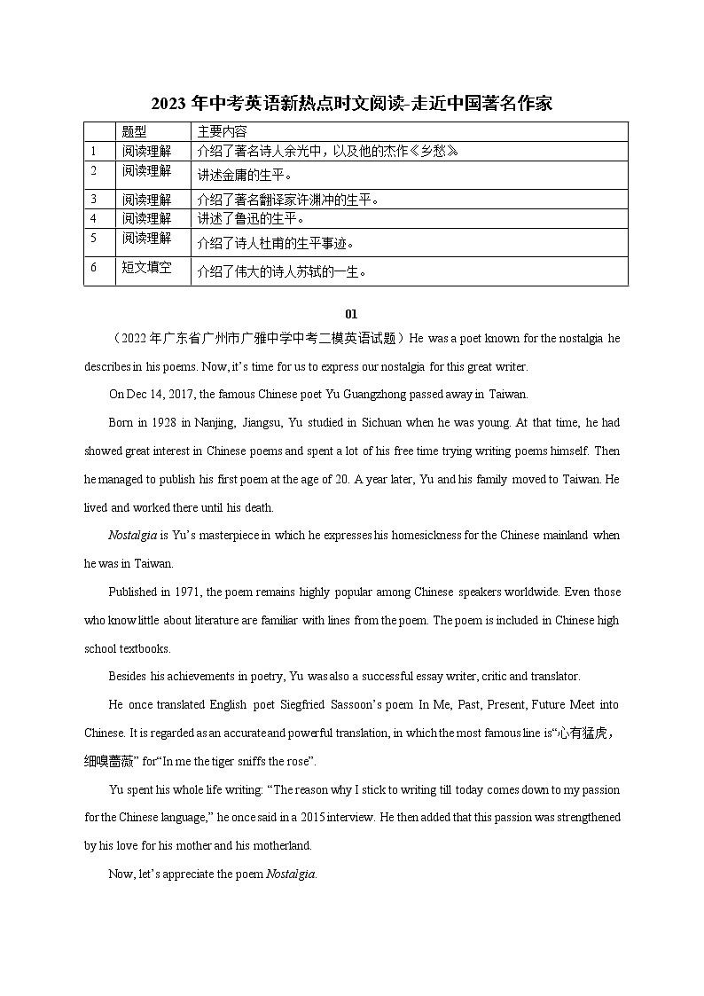 初中英语中考复习 15 走近中国著名作家-2023年中考英语新热点时文阅读第1页