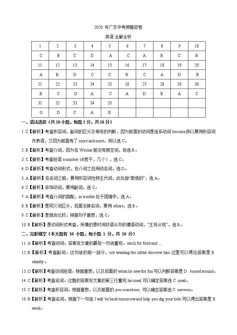 初中英语中考复习 2020年中考英语原创押题密卷（广东卷）（全解全析）01