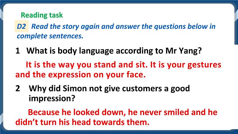 Module 1 Unit 2 Body language Period 2 Reading II & listening课件+教案+导学案+素材+同步练习07