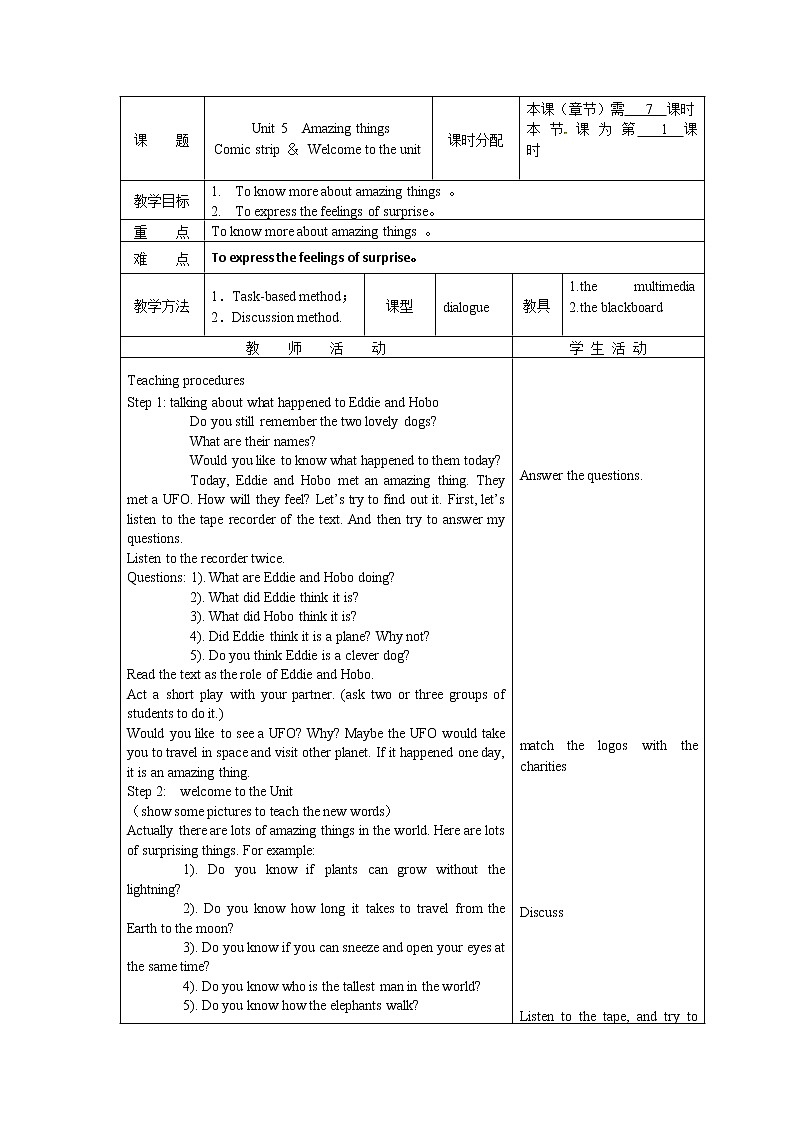 牛津译林版Unit 5  welcome to the unit教案第1页