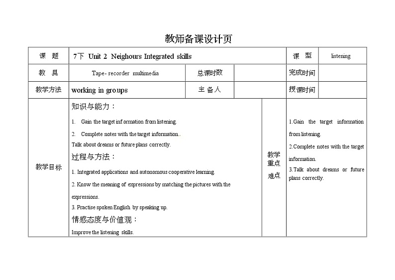 牛津译林版七B unit2 Integrated skills & study skills课件+教案+音频+导学案01