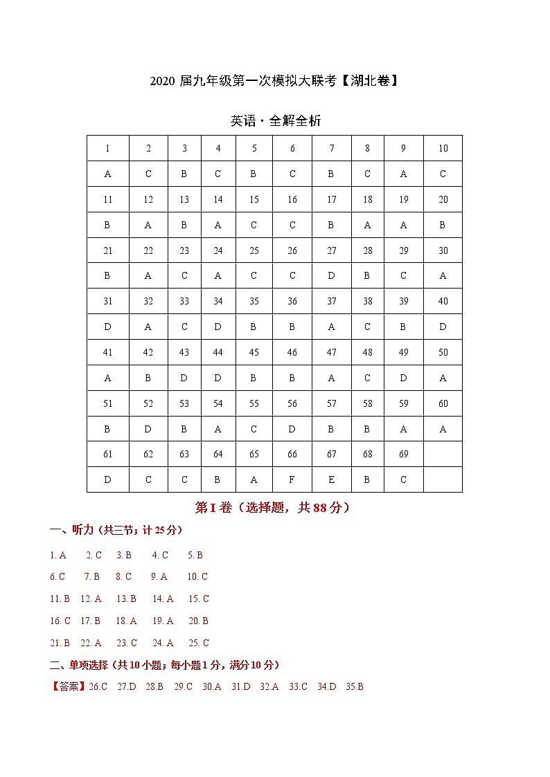 初中英语中考复习  2020年3月九年级第一次模拟大联考（湖北）-英语（全解全析）第1页