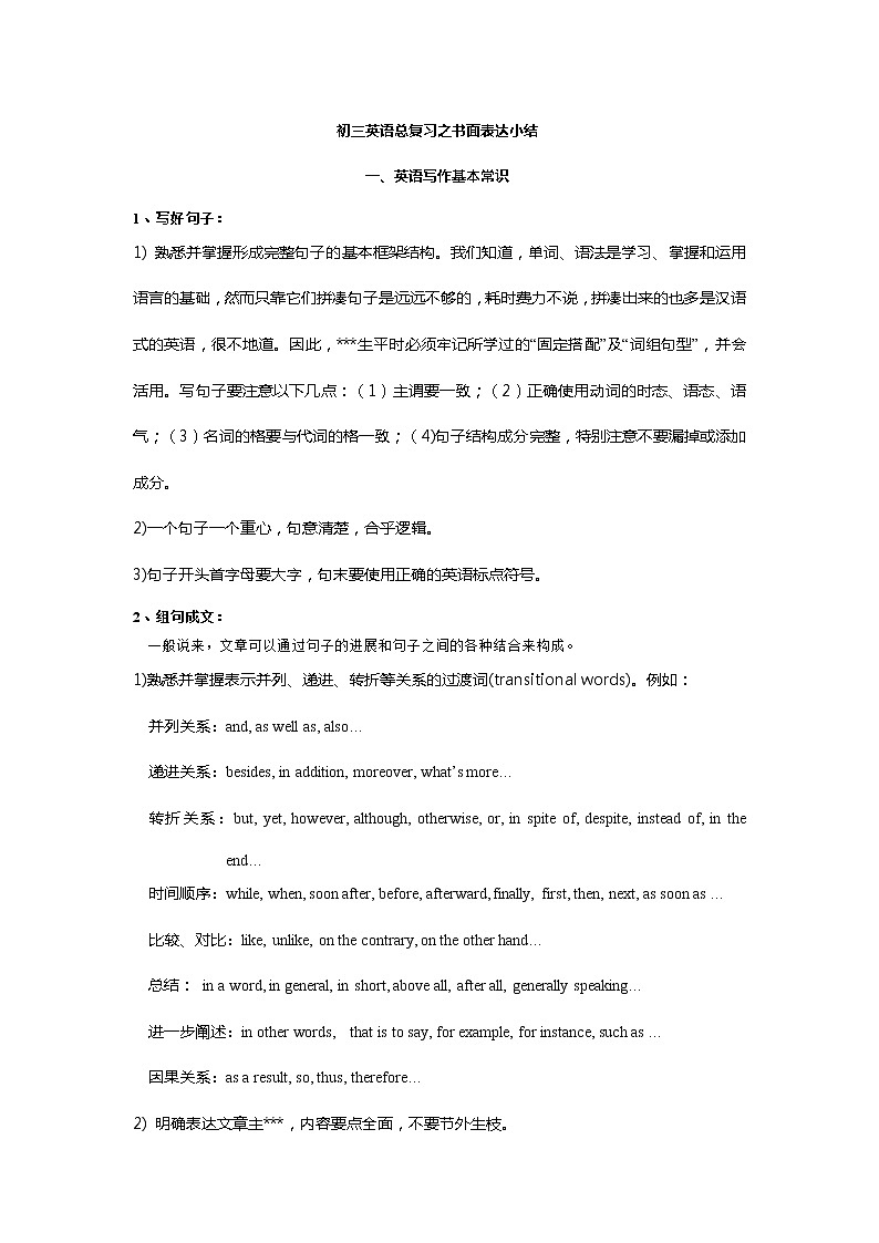 初中英语中考复习 初三英语总复习之书面表达及初中重点句型小结 试卷01