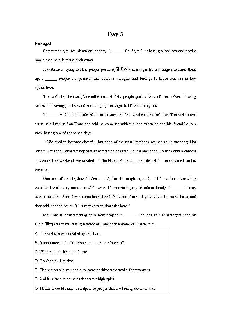 初中英语中考复习 Day 3-2020中考英语阅读理解七选五20天集训 试卷01