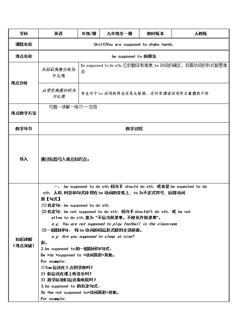 9年级人教版全一册 Unit 10 You’re supposed to shake hands.  教案2第1页