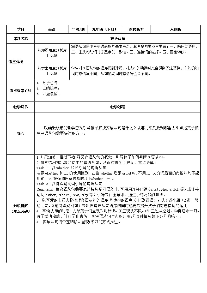 9年级英语人教全一册   宾语从句   教案第1页