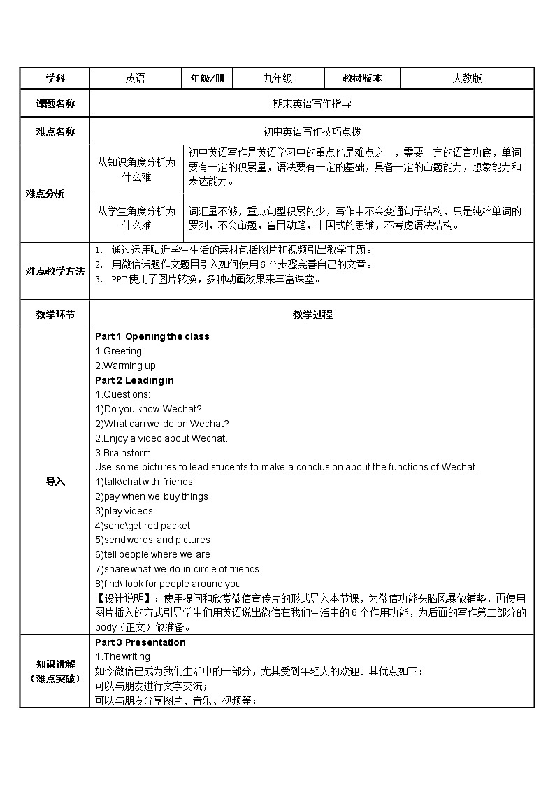 9年级英语人教全一册  初中英语写作指导  教案第1页