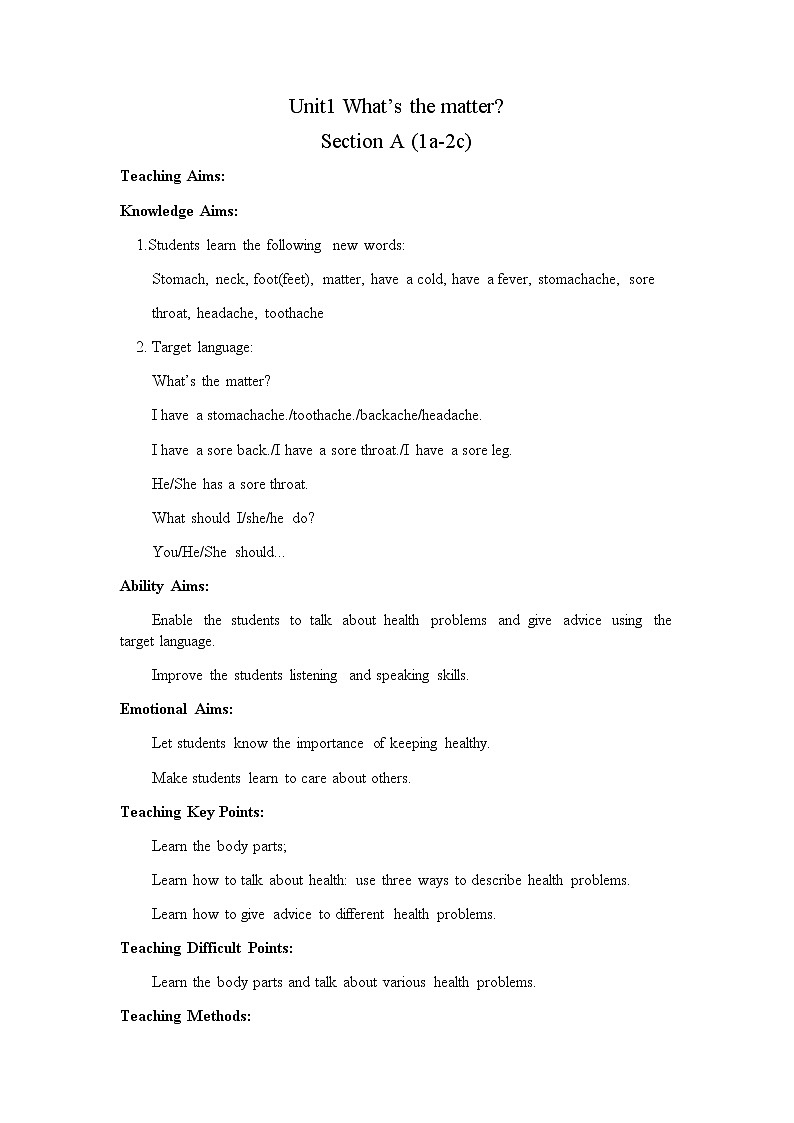 八年级下英语unit 1 what's the matter Section A  教案801