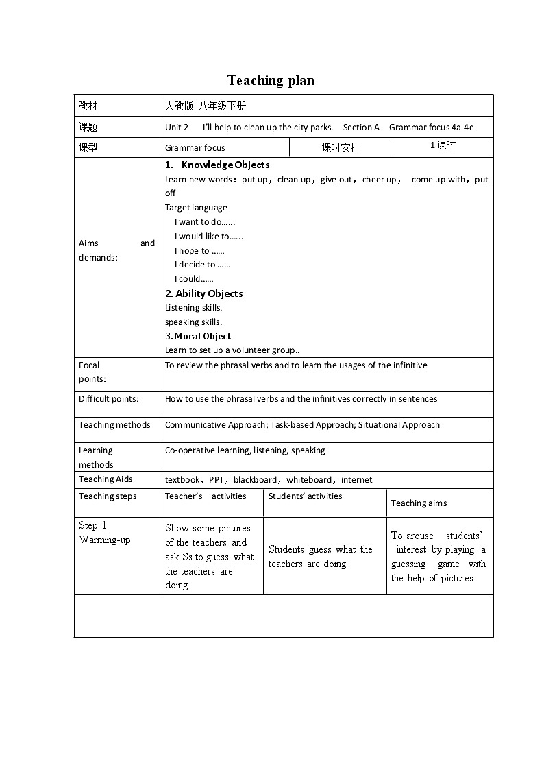 八年级下英语 Unit 2 I’ll help to clean up the city parks. Section A   教案201