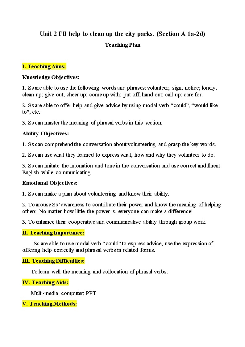 八年级下英语 Unit 2 I’ll help to clean up the city parks. Section A   教案501