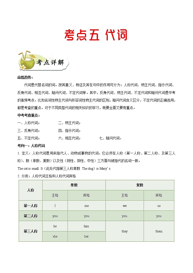 初中英语中考复习 考点05 代词-备战2020年中考英语考点一遍过 试卷01