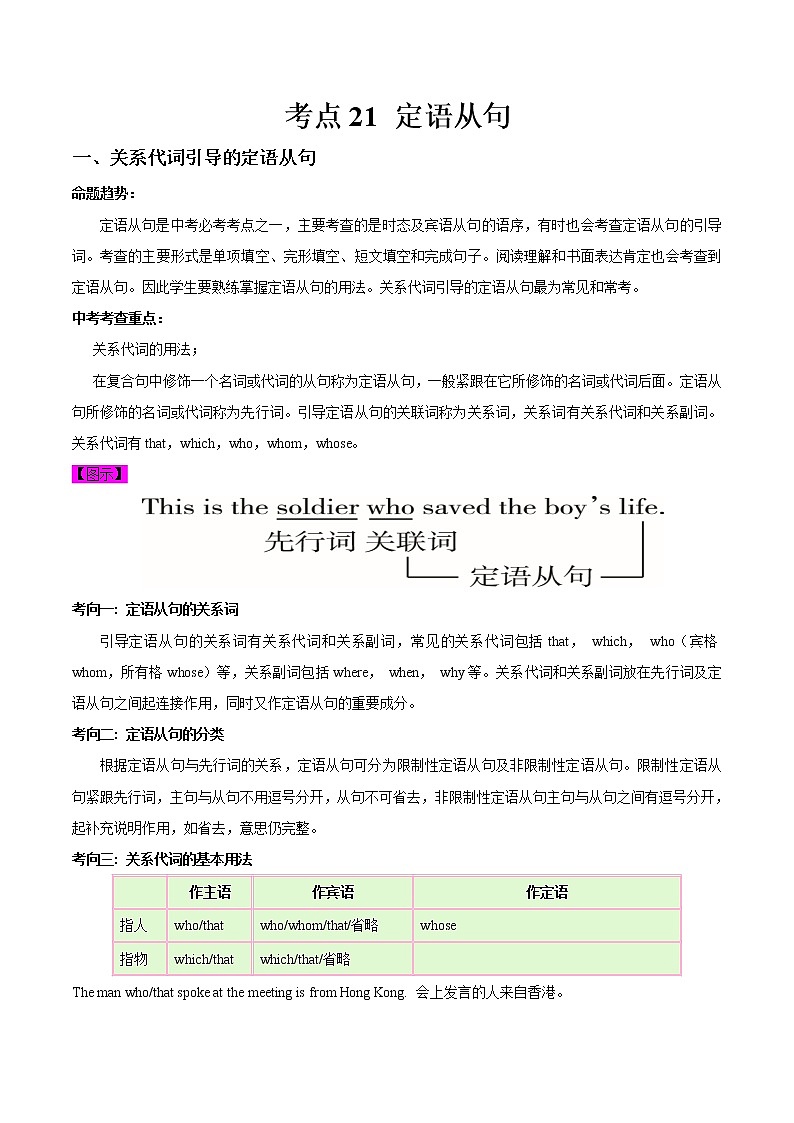 初中英语中考复习 考点21 定语从句-备战2021年中考英语考点一遍过 （原卷版）01