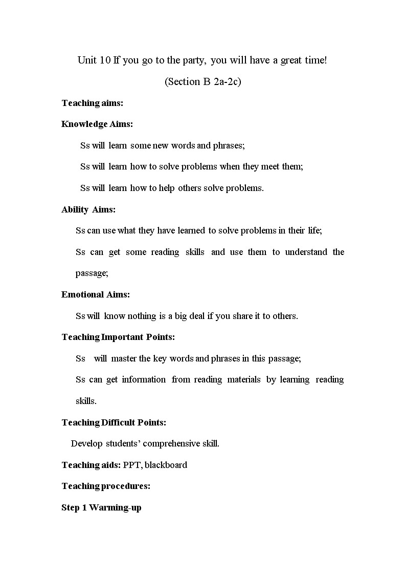 八年级上册英语 Unit10 If you go to the party, you'll have a great time!  Section B  教案1101