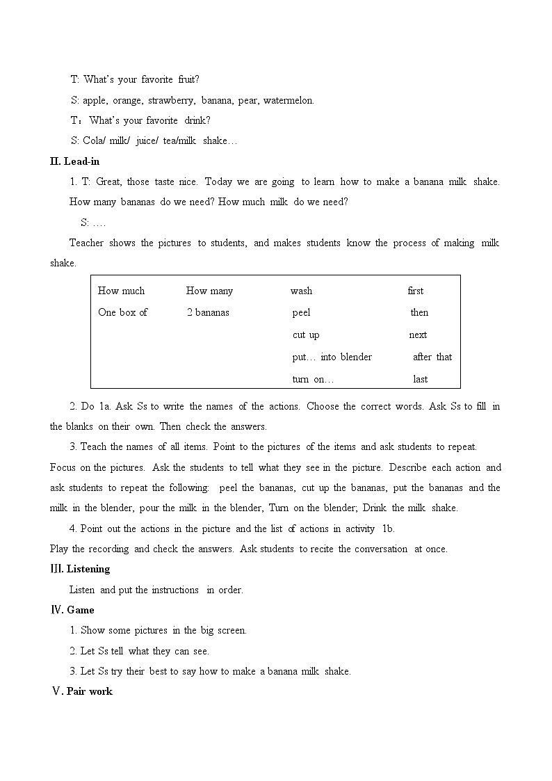 八年级上册英语  Unit 8 How do you make a banana milk shake？Section A  教案02