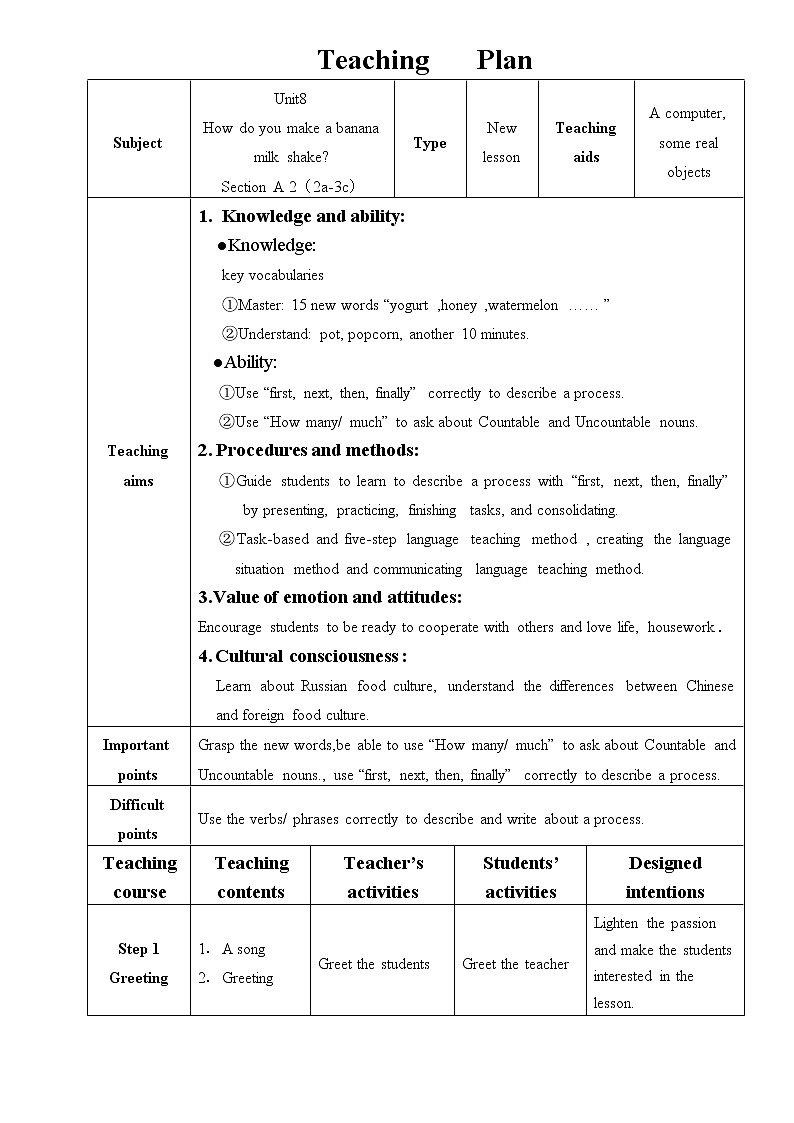 八年级上册英语  Unit 8 How do you make a banana milk shake？Section A  教案01