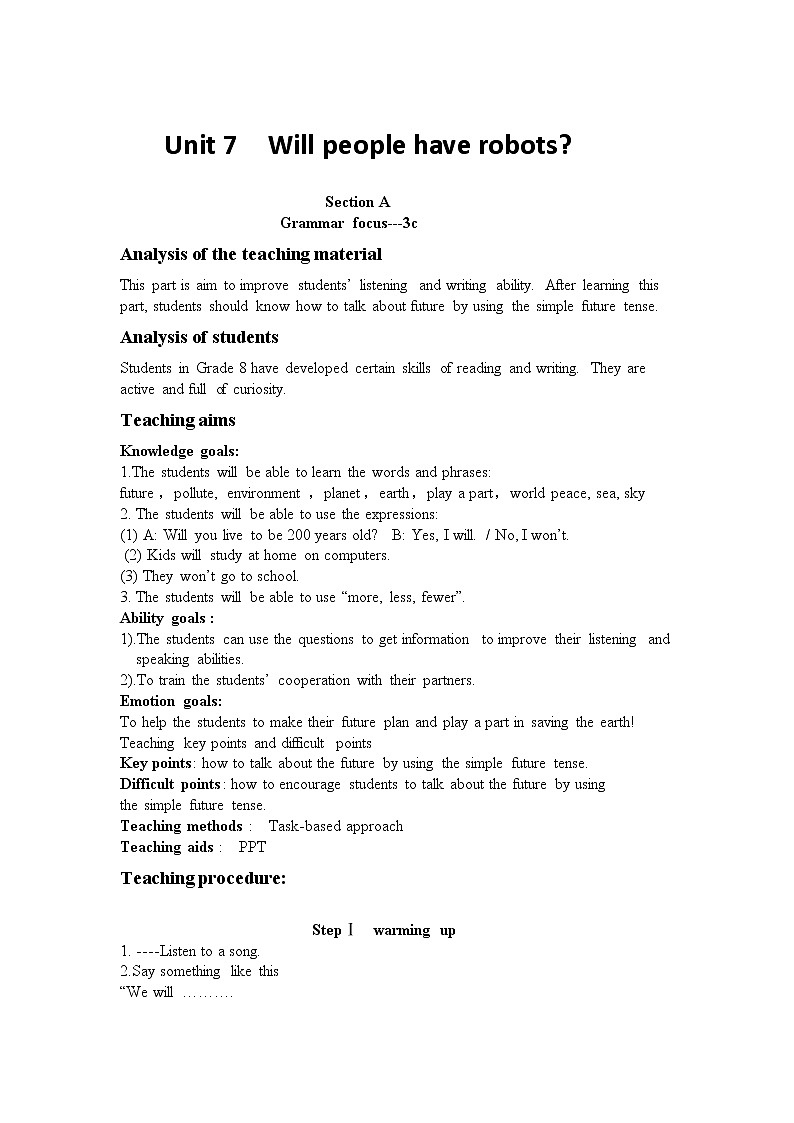 八年级上册英语  Unit 7 Will people have robots？Section A  教案7第1页