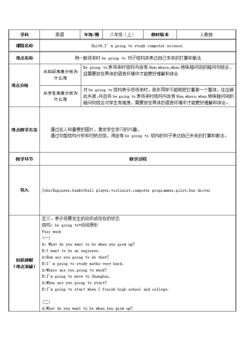 八年级上册英语  Unit 6 I'm going to study computer science.    教案01