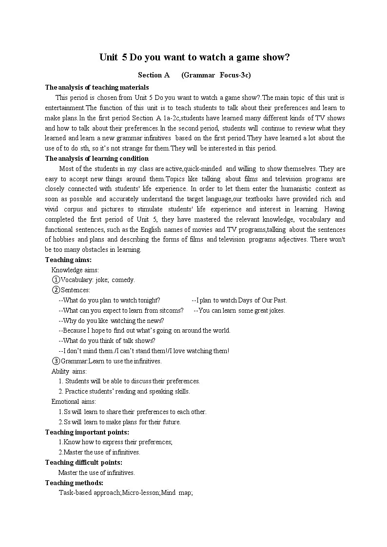 八年级上册英语  Unit5 Do you want to watch a game show Section A  教案8第1页