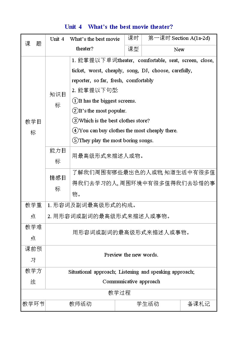 八年级上册英语 Unit 4 What’s the best movie theater？Section A  教案401