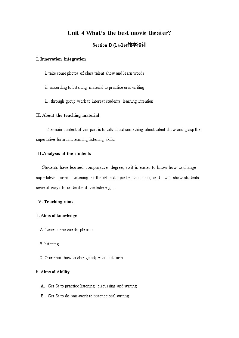 八年级上册英语 Unit 4 What’s the best movie theater？Section B  教案4第1页