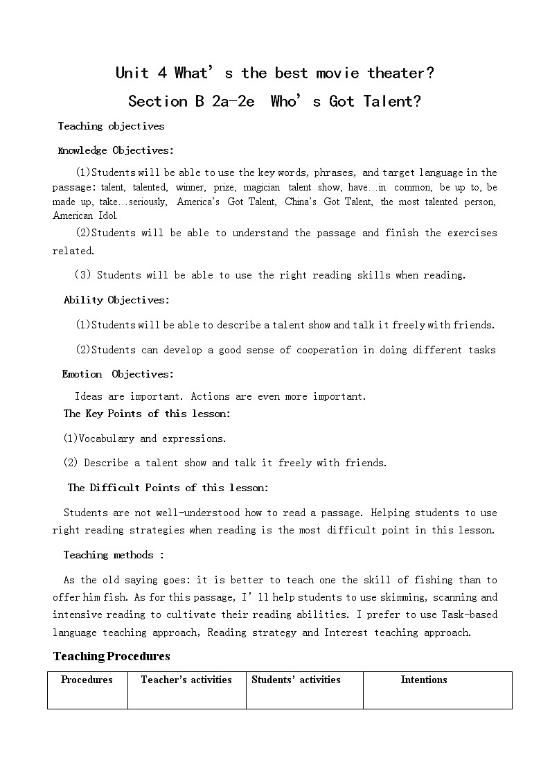 八年级上册英语 Unit 4 What’s the best movie theater？Section B  教案9第1页