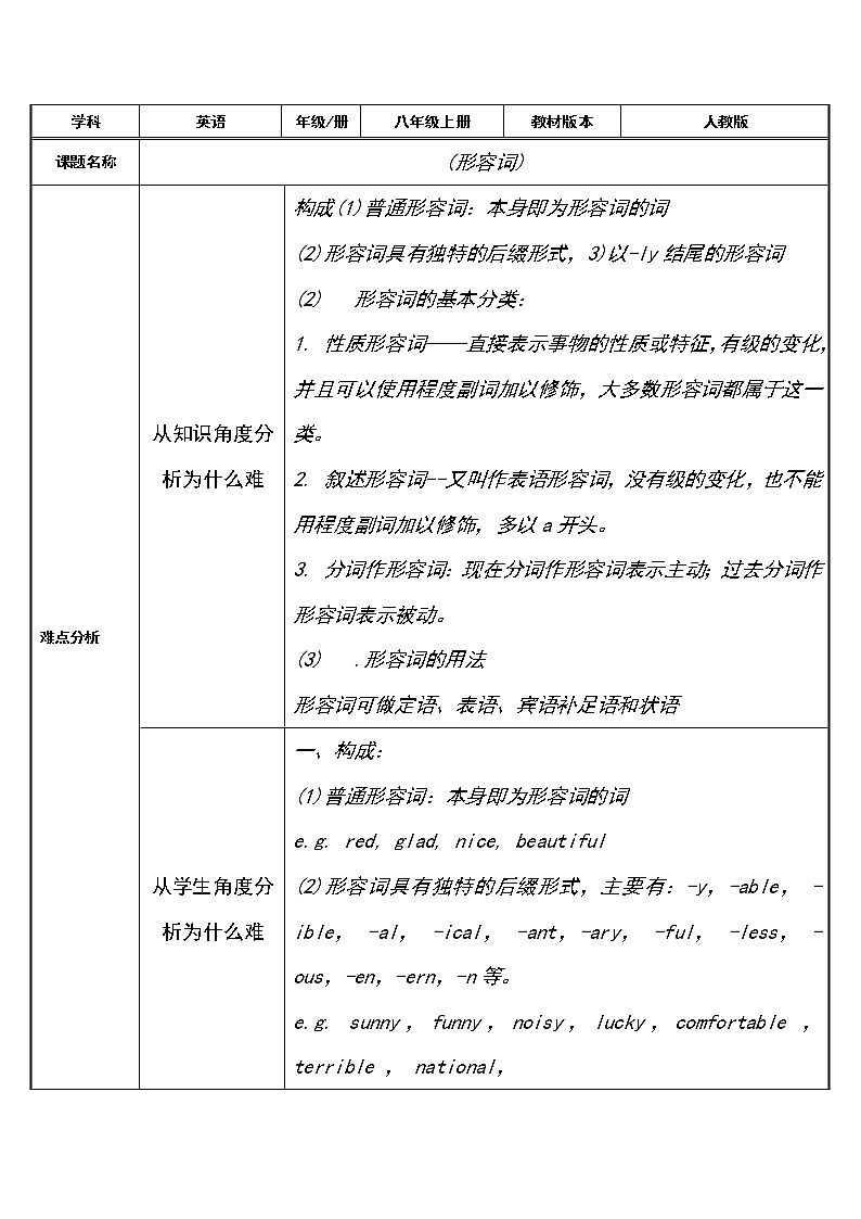 八年级上册英语  形容词   教案01