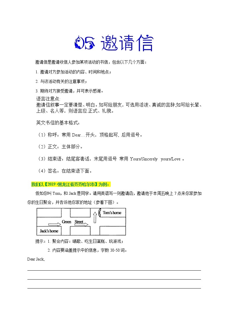 初中英语中考复习 万能模板05 邀请信-备战2020年中考英语书面表达万能模板（原卷版）第1页