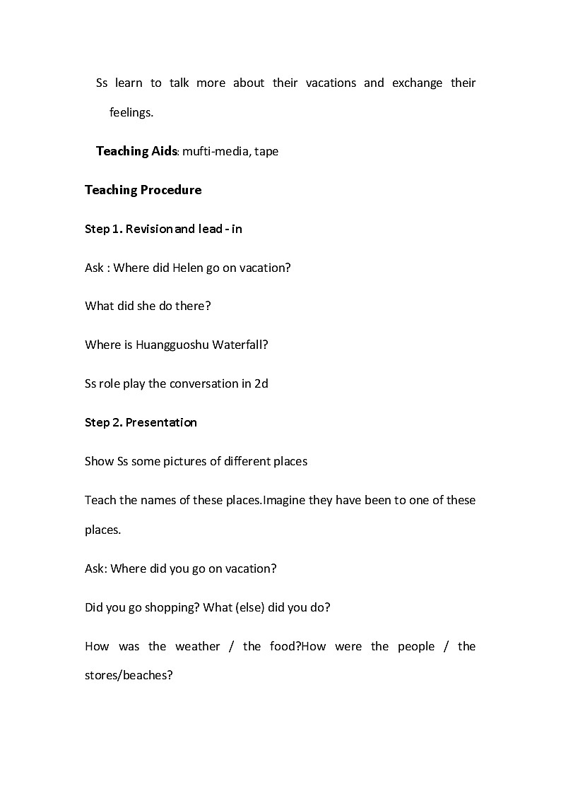 八年级上册英语  unit1 where did you go on vacation？Section B   教案第2页