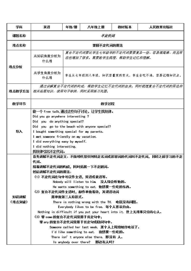 八年级上册英语  unit1不定代词用法  教案01