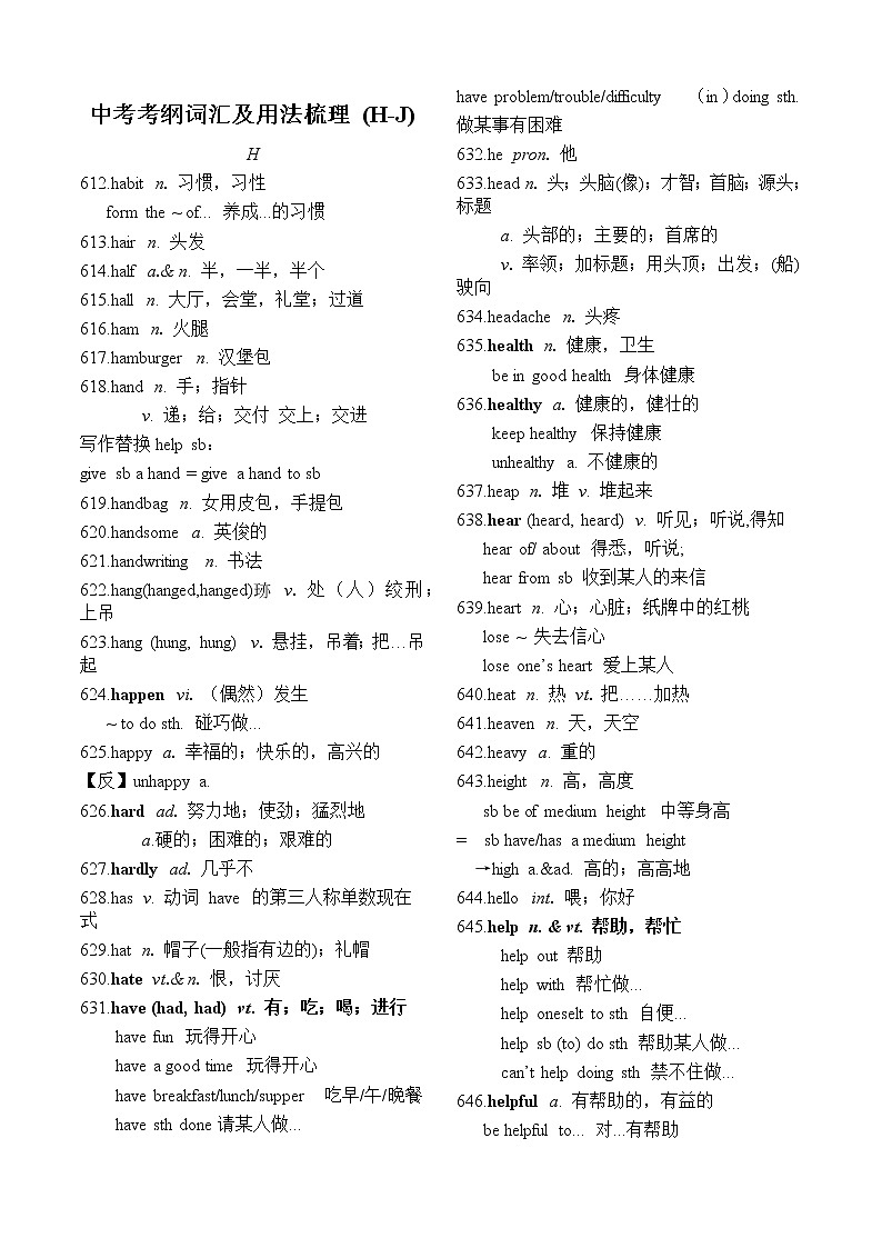 初中英语中考复习 中考考纲词汇及用法梳理（H-J）第1页
