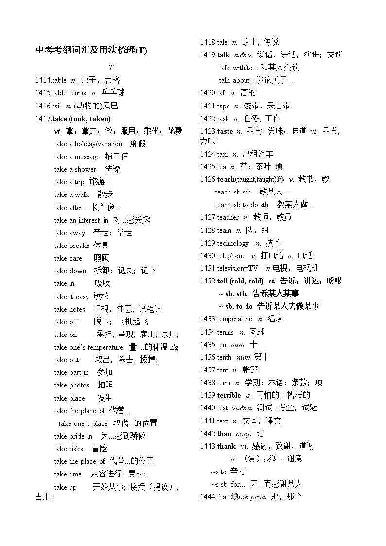 初中英语中考复习 中考考纲词汇及用法梳理(T)第1页