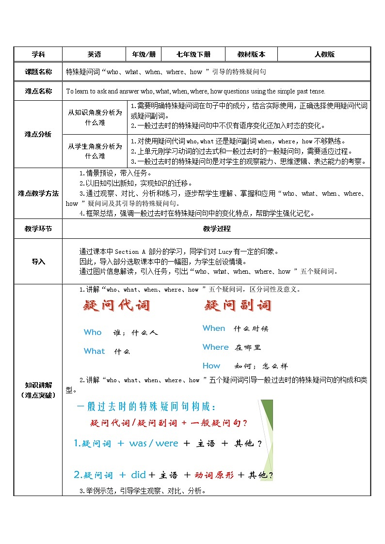 七年级下册英语  “who、what、when、where、how ”引导的特殊疑问句  教案01