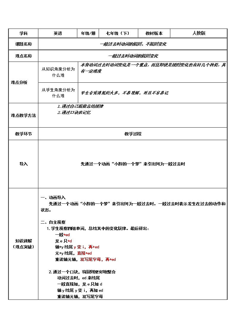 七年级下册英语  一般过去时动词的规则、不规则变化      教案第1页