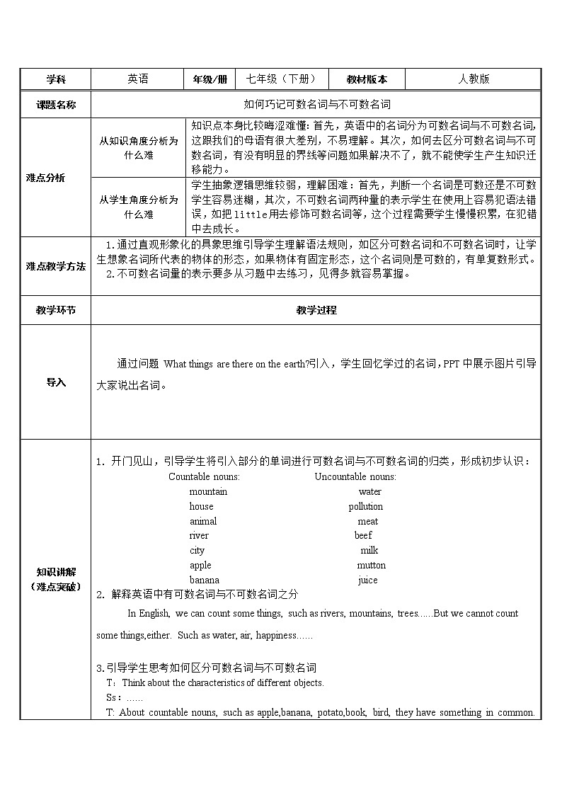 七年级下册英语  巧记可数名词和不可数名词   教案01