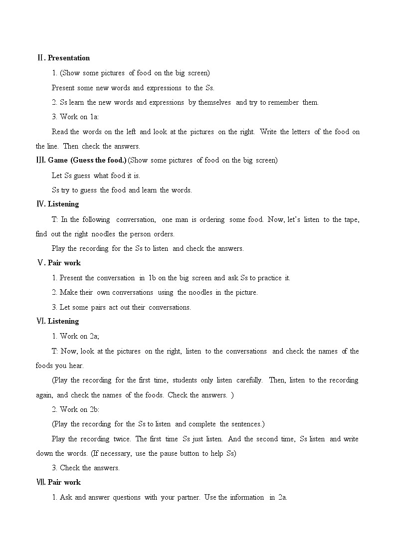 七年级下册英语 Unit 10  I’d like the noodles. Section A   教案602