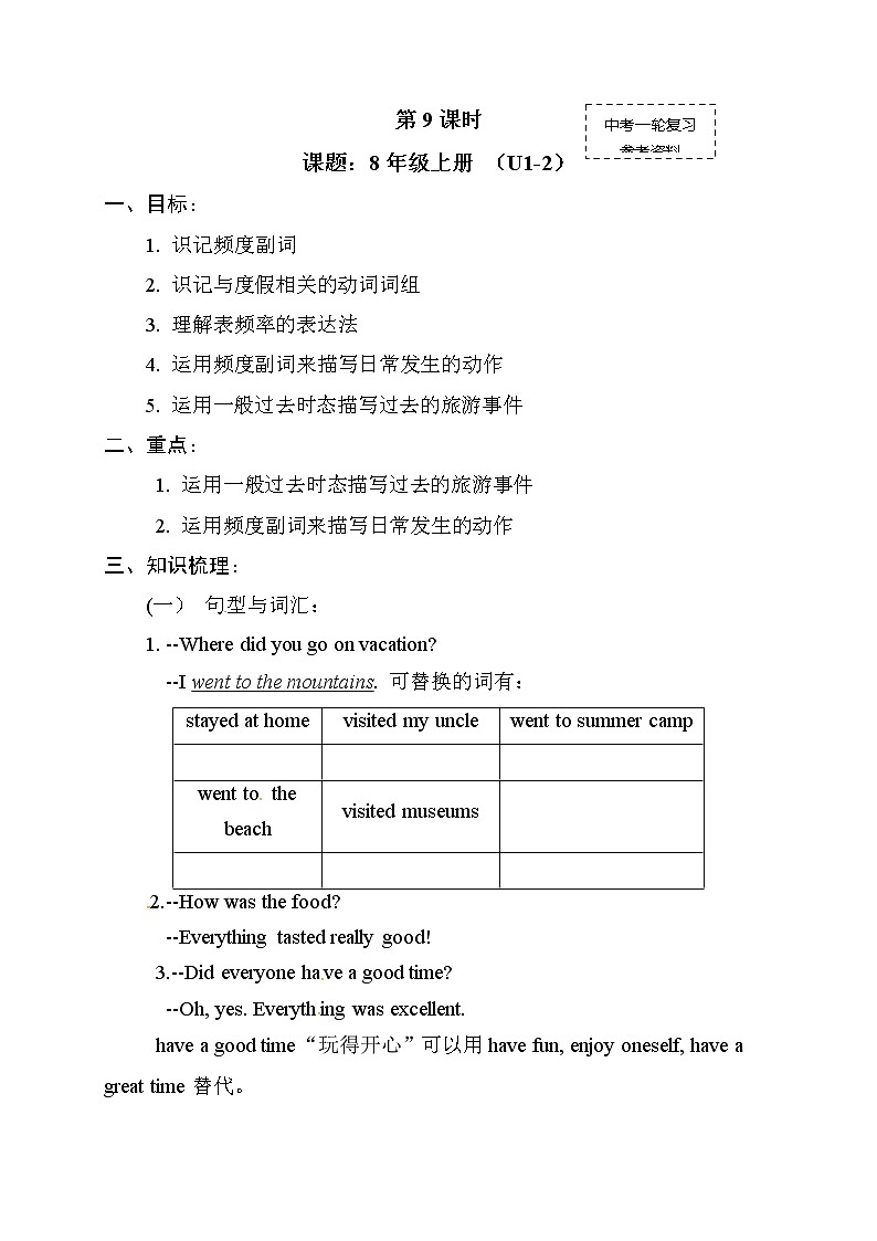 初中英语中考复习 中考英语（人教新课标）一轮复习教案：八年级上册Unite 1--2第1页