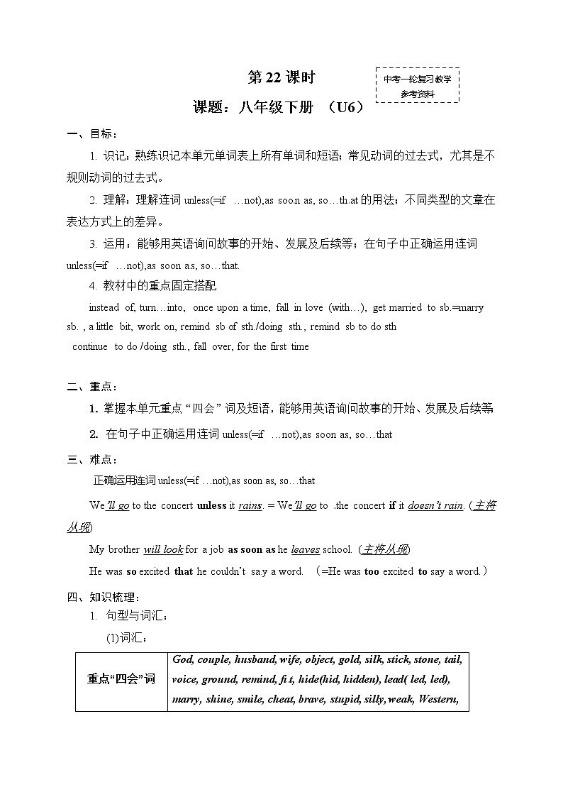 初中英语中考复习 中考英语（人教新课标）一轮复习教案：八年级下册Unit 601