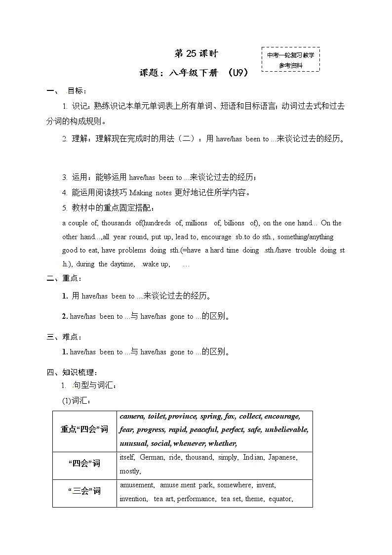 初中英语中考复习 中考英语（人教新课标）一轮复习教案：八年级下册Unit 9第1页