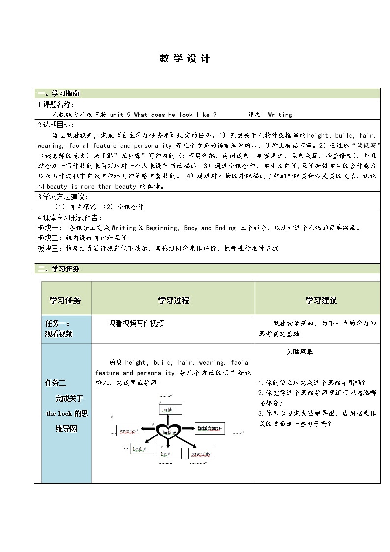 七年级下册英语  Unit9 What does he look like？  教案5第1页