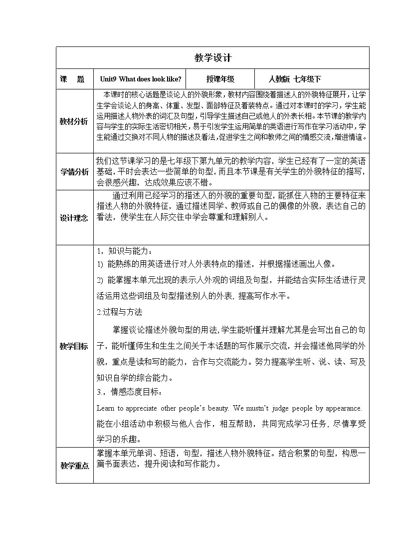 七年级下册英语  Unit9 What does he look like？  教案8第1页