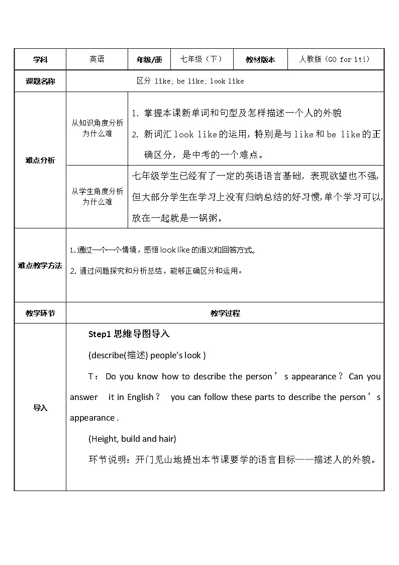 七年级下册英语  区分 like; be like; look like   教案第1页