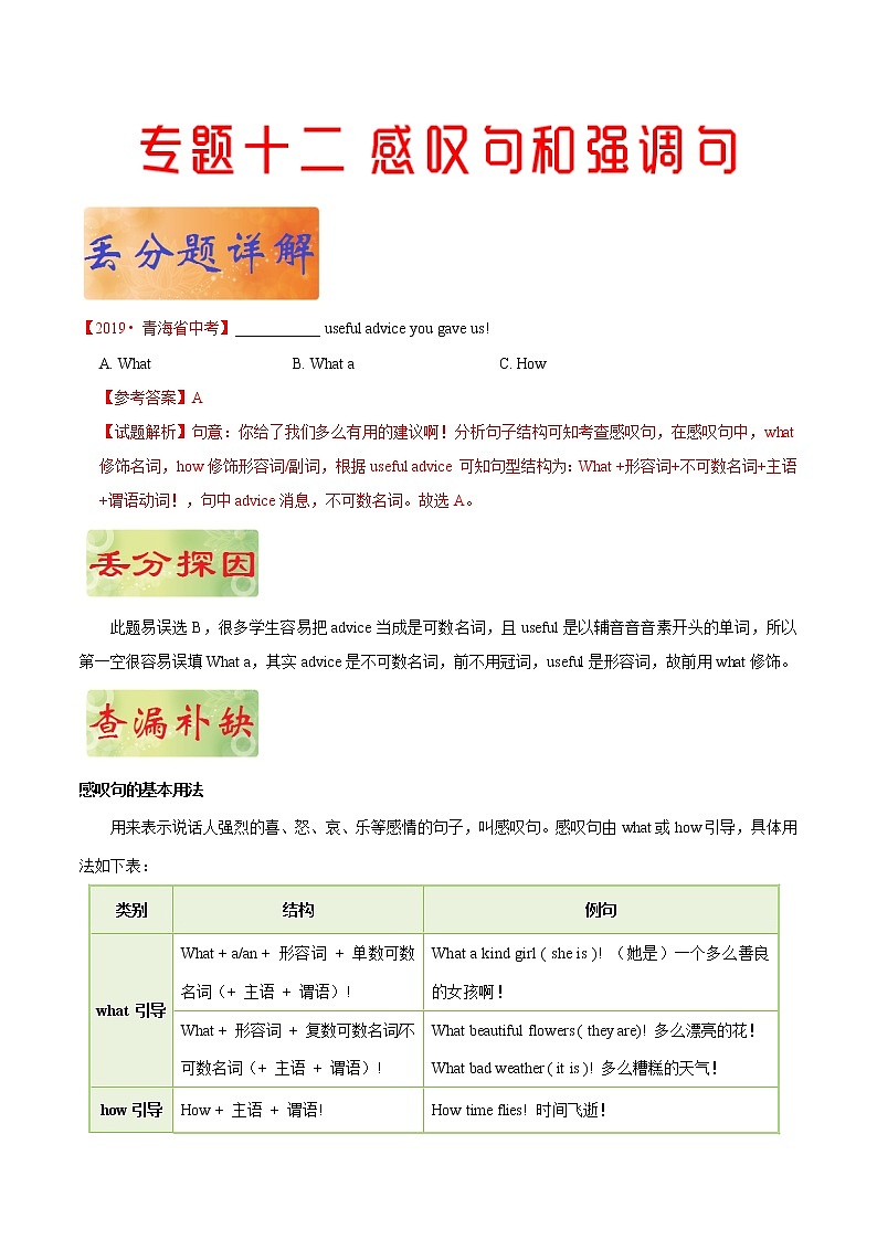 初中英语中考复习 专题 12 感叹句和倒装句（原卷版）第1页