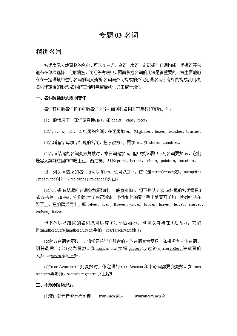 初中英语中考复习 专题03 名词-2020年中考英语冲刺精讲精练01