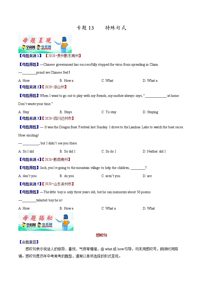 初中英语中考复习 专题13 特殊句式-2020年中考英语母题题源解密（原卷版）01