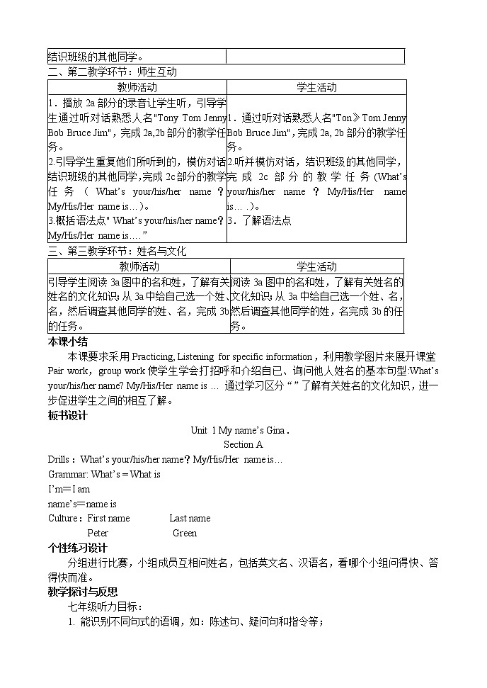 七年级上册英语 Unit 1 My name's Gina. Section A   教案103