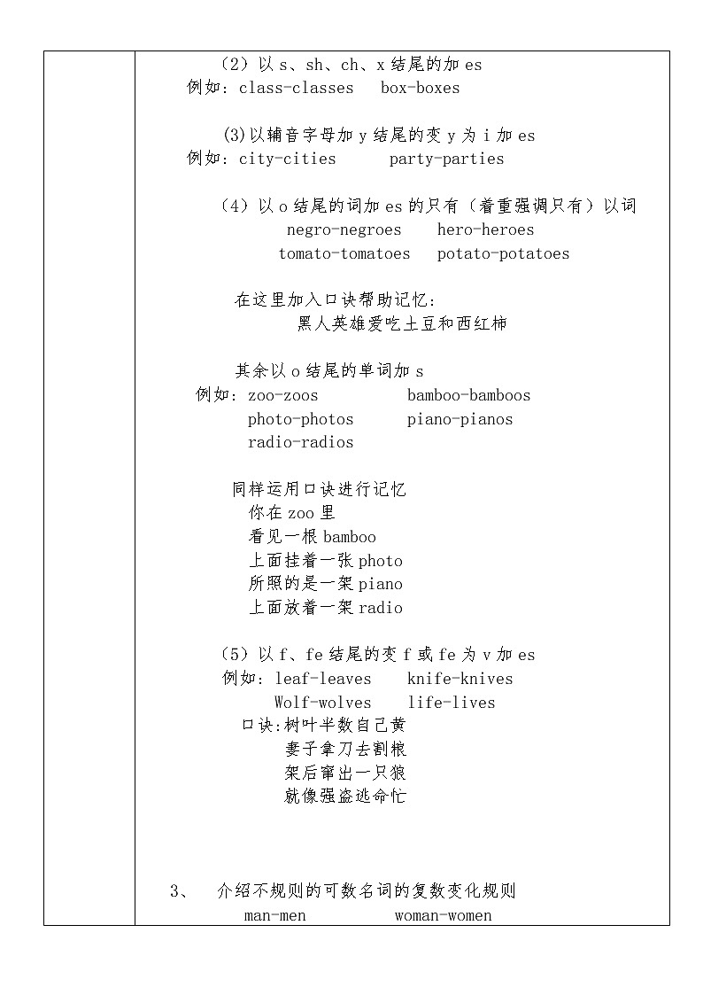 七年级上册英语  可数名词复数的变化规则  教案02