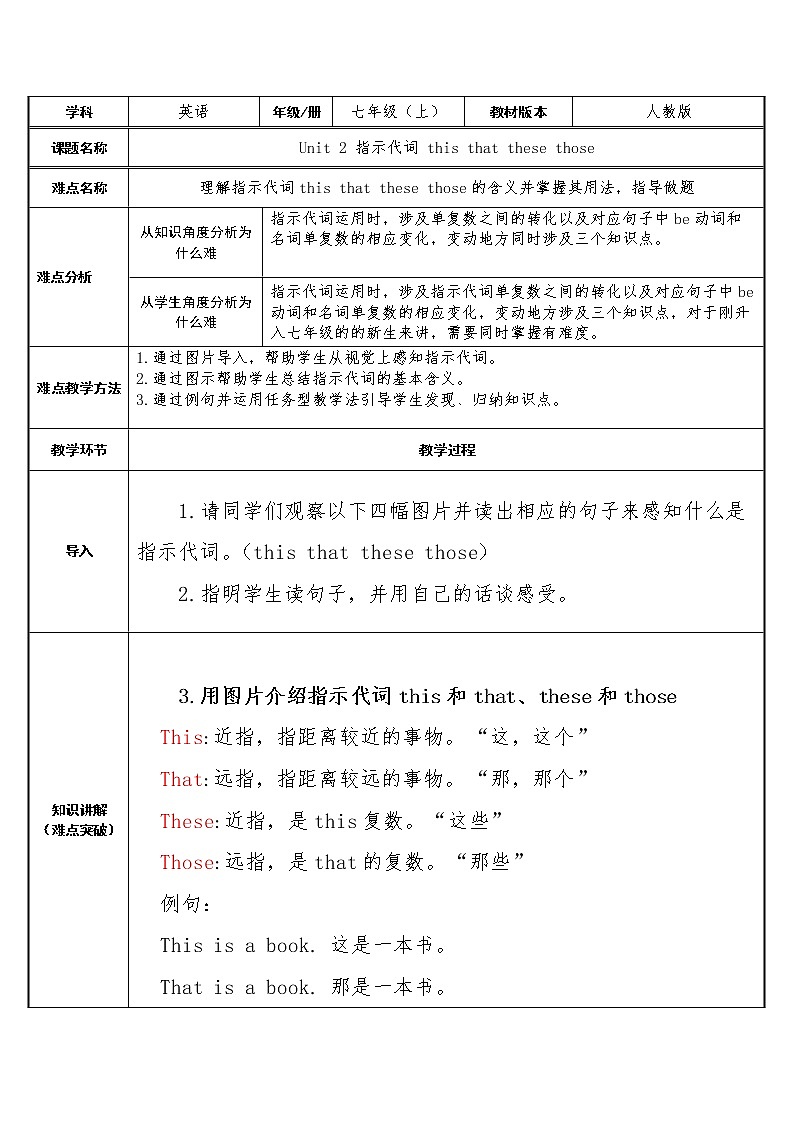 七年级上册英语  指示代词 this、that、these、those   教案01