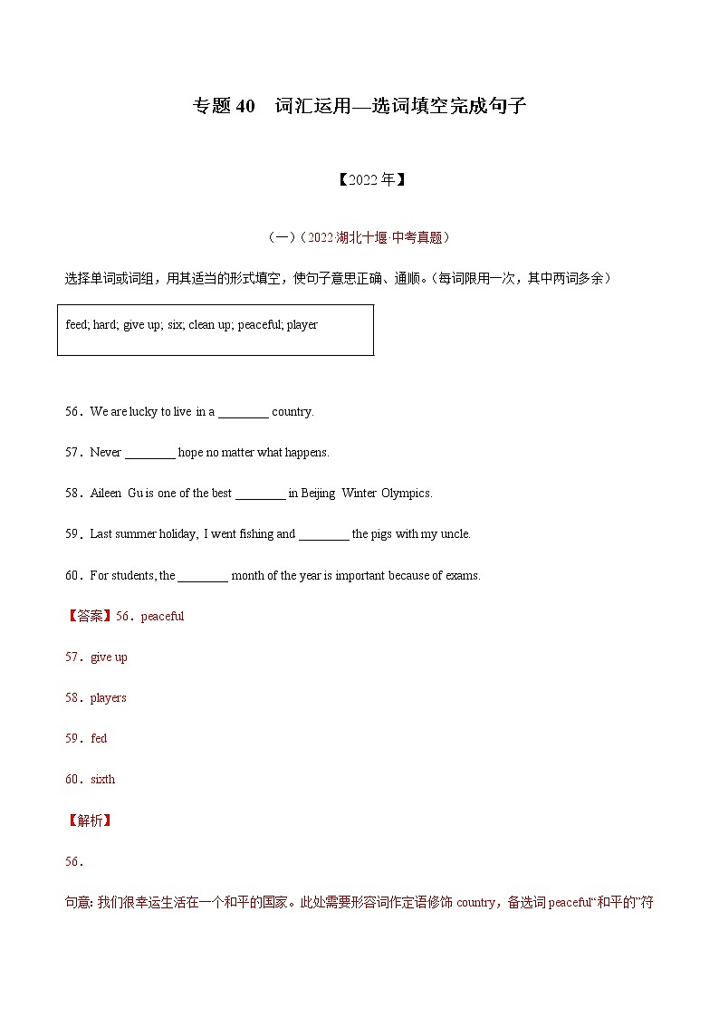 初中英语中考复习 专题40+选词填空完成句子-三年（2020-2022）中考真题英语分项汇编（全国通用）第1页