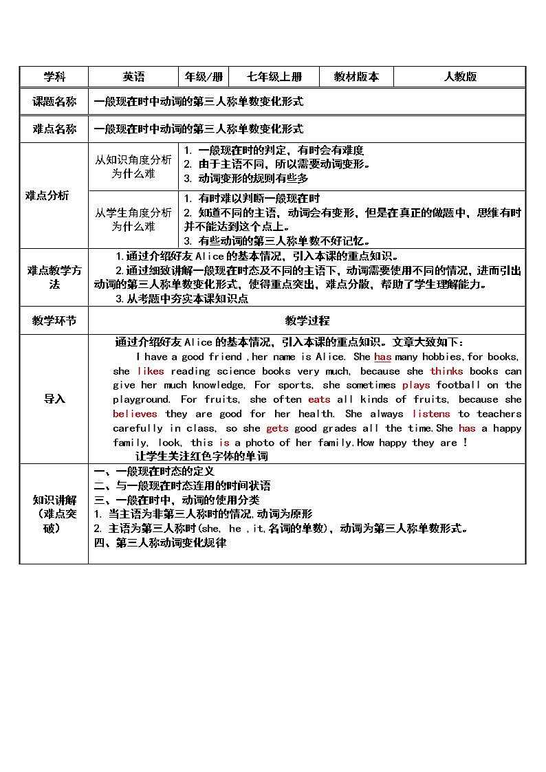 7年级上册英语人教版   一般现在时中动词第三人称单数变化形式      教案01