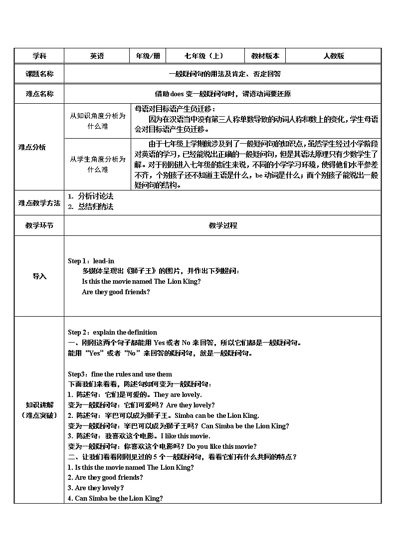 7年级上册英语人教版 一般疑问句的用法及肯定、否定回答   教案第1页